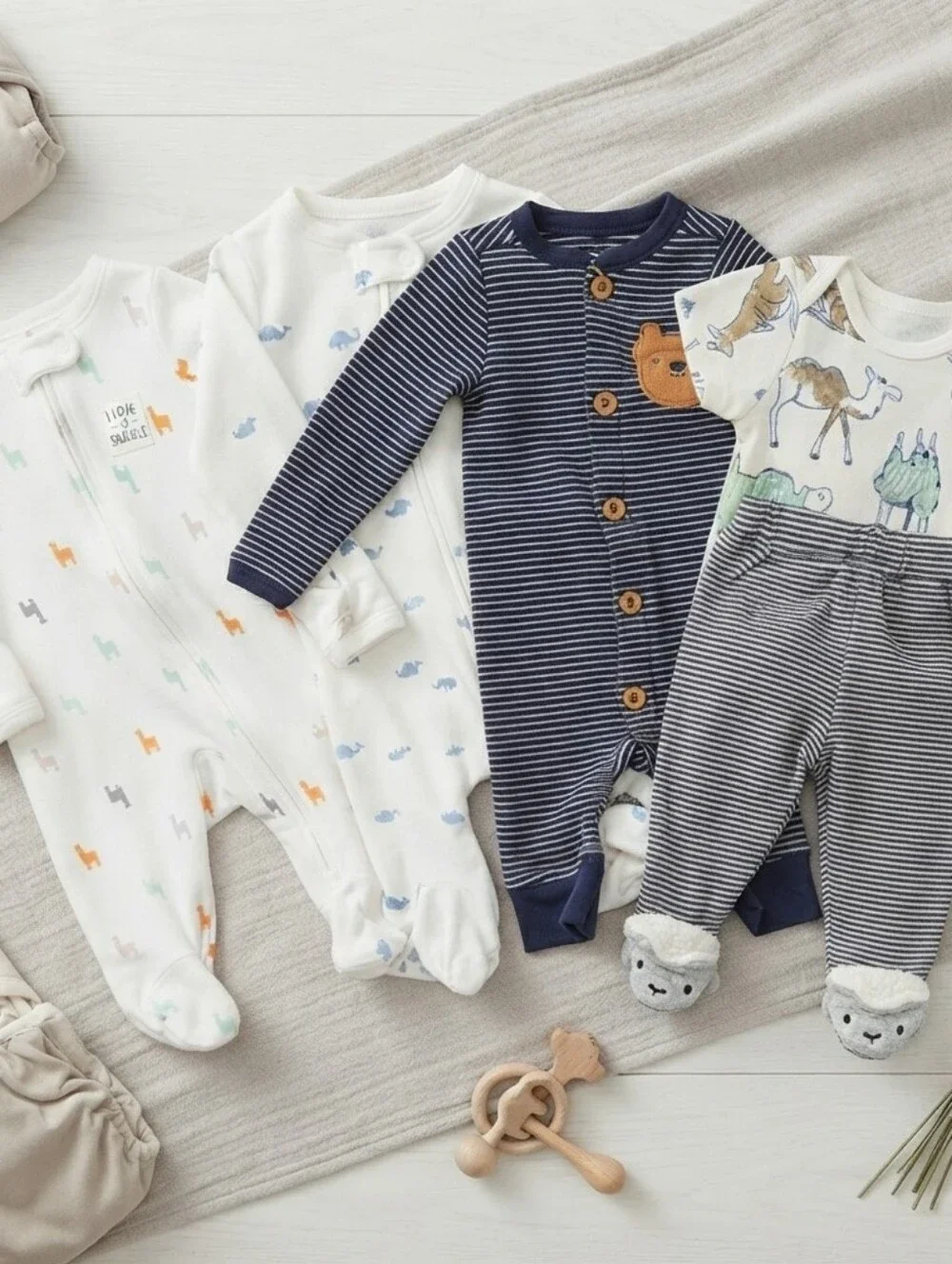 NB Striped and Animal Print Kids One Piece Set